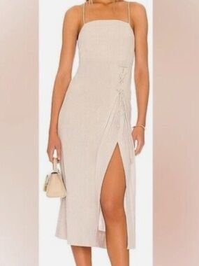 Free People Francesca Linen Blend Dress XS Tan Front Slit Lace Up Beach Coastal